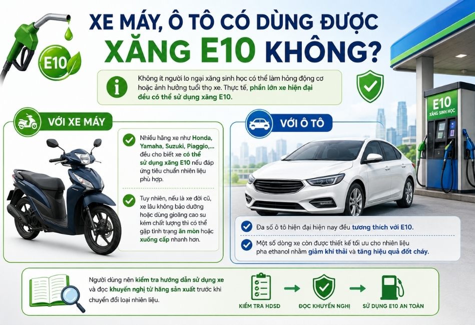 Xe máy, ô tô có dùng được xăng E10 không? Xe máy, ô tô có dùng được xăng E10 không?