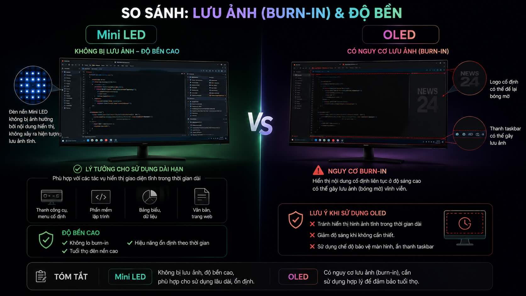 So sánh hiện tượng lưu ảnh (Burn-in) và độ bền So sánh hiện tượng lưu ảnh (Burn-in) và độ bền