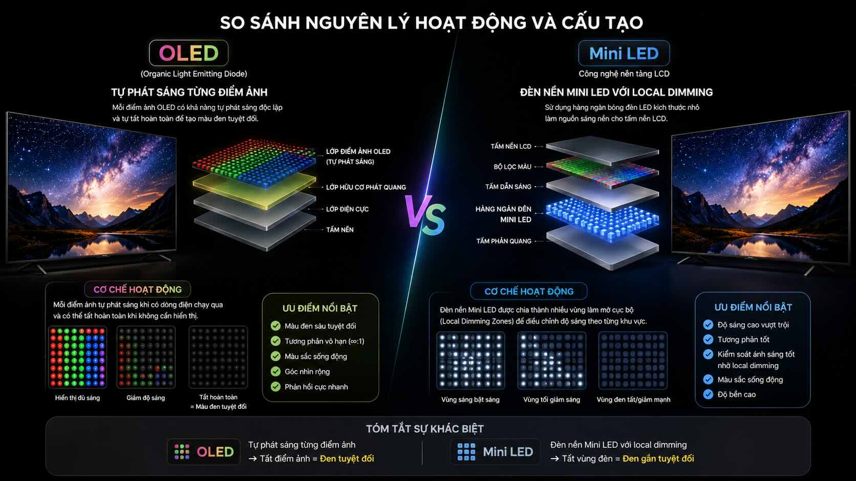 So sánh nguyên lý và cấu tạo của màn hình Oled và Mini Led So sánh nguyên lý và cấu tạo của màn hình Oled và Mini Led