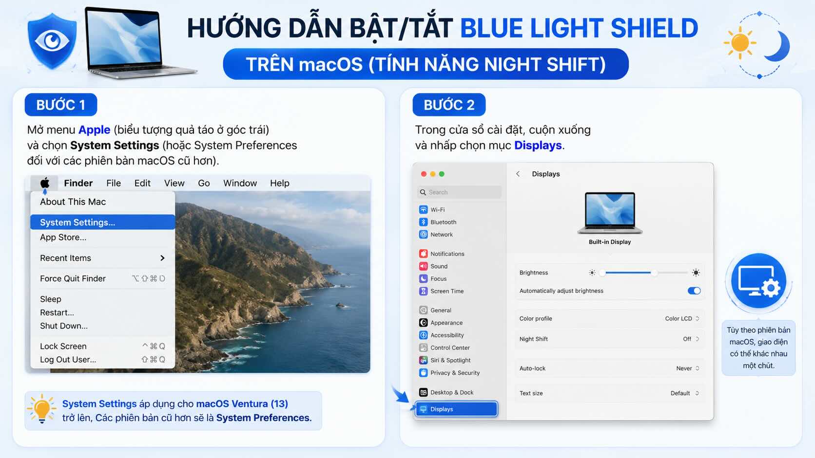 Mở menu Apple , vào System Settings rồi chọn mục Displays để truy cập cài đặt Night Shift. Mở menu Apple , vào System Settings rồi chọn mục Displays để truy cập cài đặt Night Shift.