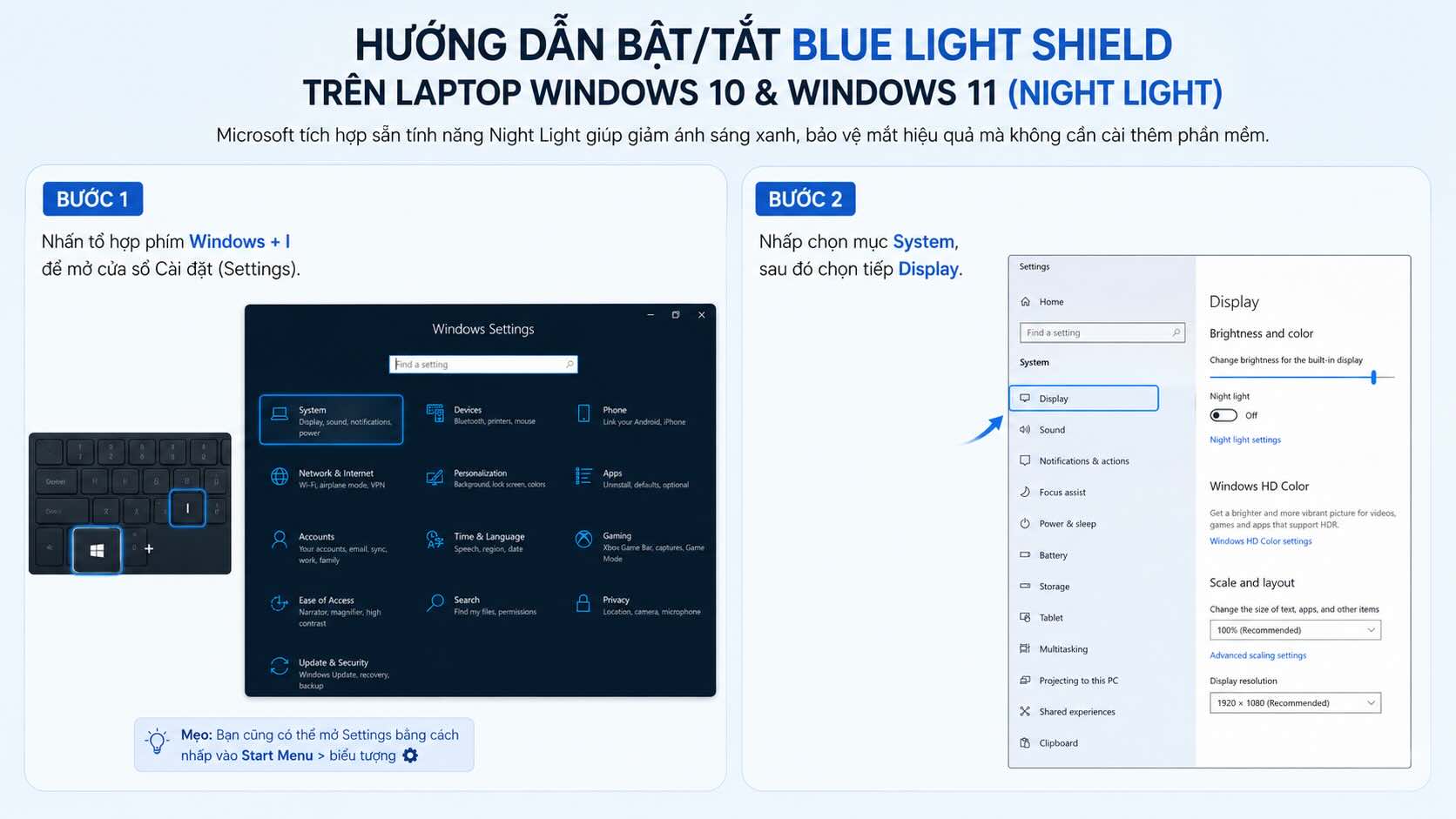 Nhấn tổ hợp phím Windows + I -> chọn mục System, sau đó chọn tiếp Display. Nhấn tổ hợp phím Windows + I -> chọn mục System, sau đó chọn tiếp Display.