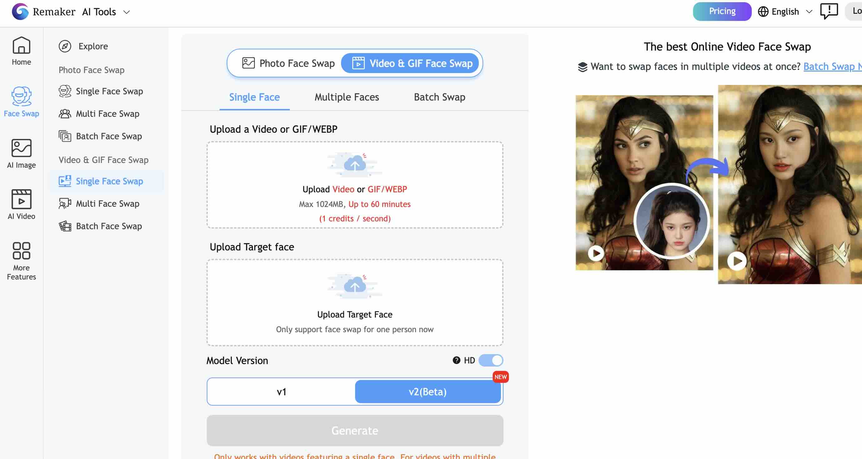 Giao diện trang Remaker AI - tính năng hoán đổi khuôn mặt Giao diện trang Remaker AI - tính năng hoán đổi khuôn mặt