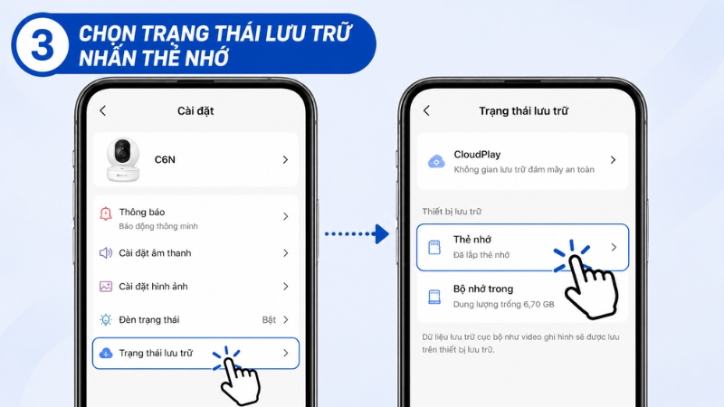 Nhấn v&agrave;o mục thẻ nhớ