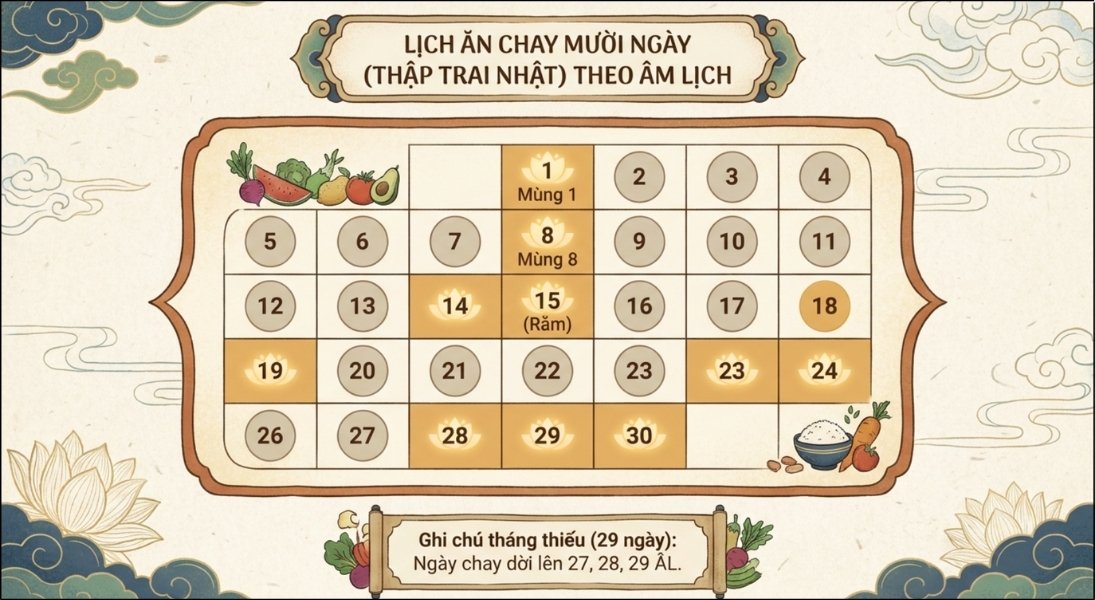Lịch ăn chay 10 ngày trong tháng được tính cố định dựa theo lịch Âm hàng tháng. Lịch ăn chay 10 ngày trong tháng được tính cố định dựa theo lịch Âm hàng tháng.