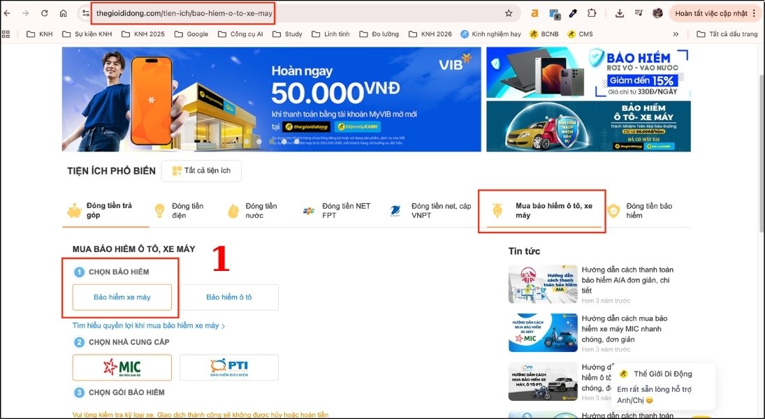 Truy cập đường link, sau đó chọn mục Bảo hiểm và chọn tiếp Bảo hiểm xe máy