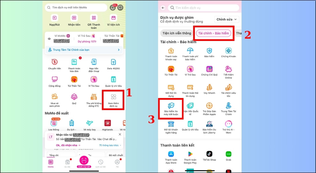 Truy cập vào ví điện tử, chọn mục Bảo hiểm xe máy