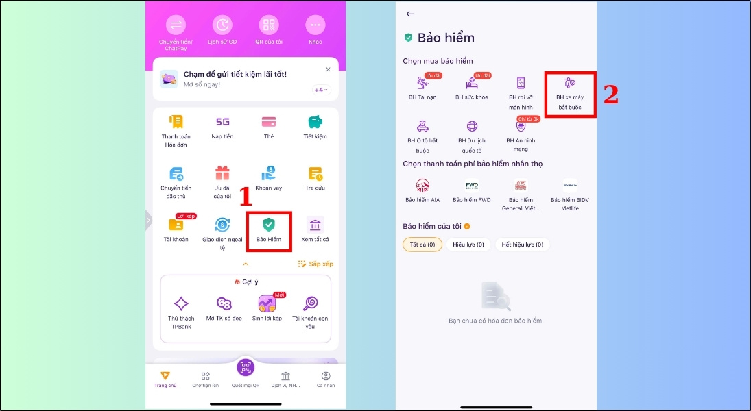 Bạn tiến hành vào app Ngân hàng, sau đó chọn mục Bảo Hiểm
