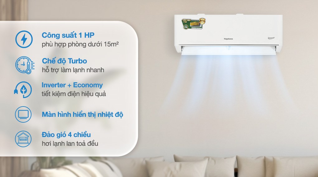 Máy lạnh Nagakawa Inverter 1 HP NIS-C09R2T62 giúp làm mát không gian dưới 15m² như phòng ngủ Máy lạnh Nagakawa Inverter 1 HP NIS-C09R2T62 giúp làm mát không gian dưới 15m² như phòng ngủ