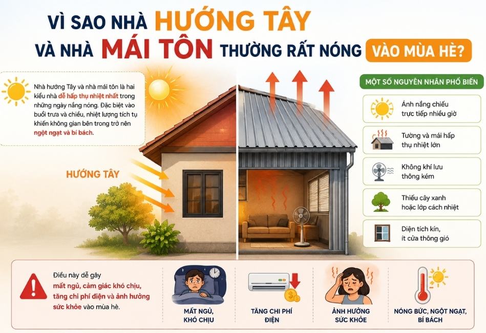 Vì sao nhà hướng Tây và nhà mái tôn thường rất nóng vào mùa hè?