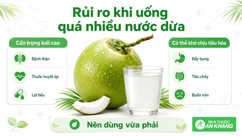 Uống quá nhiều nước dừa có thể gây dư kali, đầy bụng hoặc ảnh hưởng người có bệnh nền. Uống quá nhiều nước dừa có thể gây dư kali, đầy bụng hoặc ảnh hưởng người có bệnh nền.