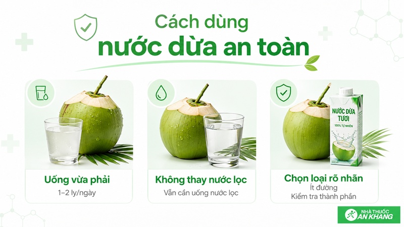Nên uống nước dừa với lượng vừa phải, không thay thế hoàn toàn nước lọc và chọn sản phẩm tươi, rõ nguồn gốc. Nên uống nước dừa với lượng vừa phải, không thay thế hoàn toàn nước lọc và chọn sản phẩm tươi, rõ nguồn gốc.