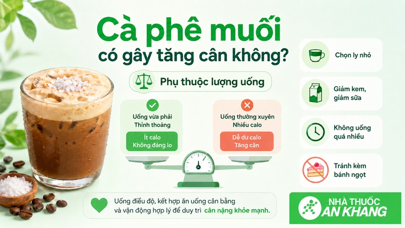 Cà phê muối không gây tăng cân ngay sau một lần uống, nhưng có thể làm dư calo nếu dùng thường xuyên, nhiều kem và nhiều sữa đặc.