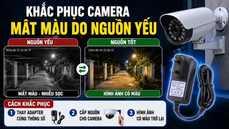 Camera mất m&agrave;u do nguồn điện cấp cho camera bị yếu