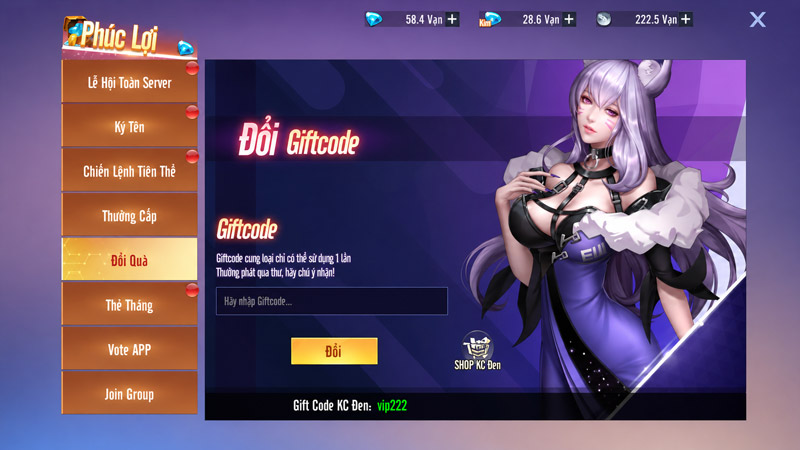 Nhập giftcode vào ô trống và nhấn Đổi để nhận thưởng. Nhập giftcode vào ô trống và nhấn Đổi để nhận thưởng