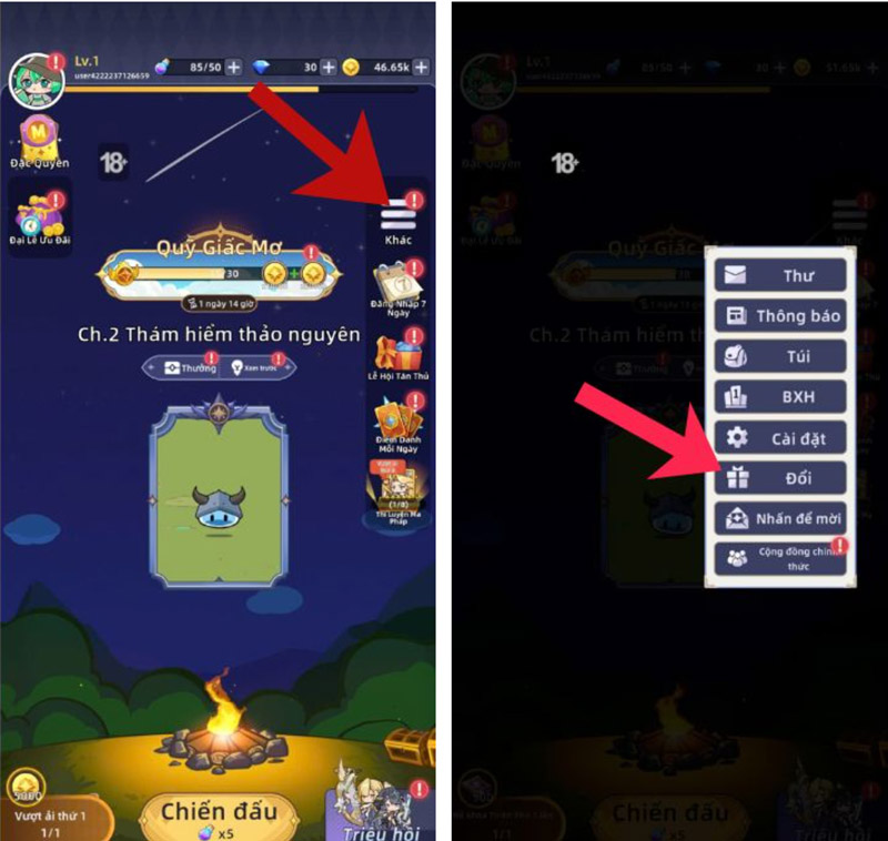 Nhấn biểu tượng ba dấu gạch ngang để mở menu trong game > Chọn mục Đổi để chuyển sang giao diện nhập code Nhấn biểu tượng ba dấu gạch ngang để mở menu trong game > Chọn mục Đổi để chuyển sang giao diện nhập code