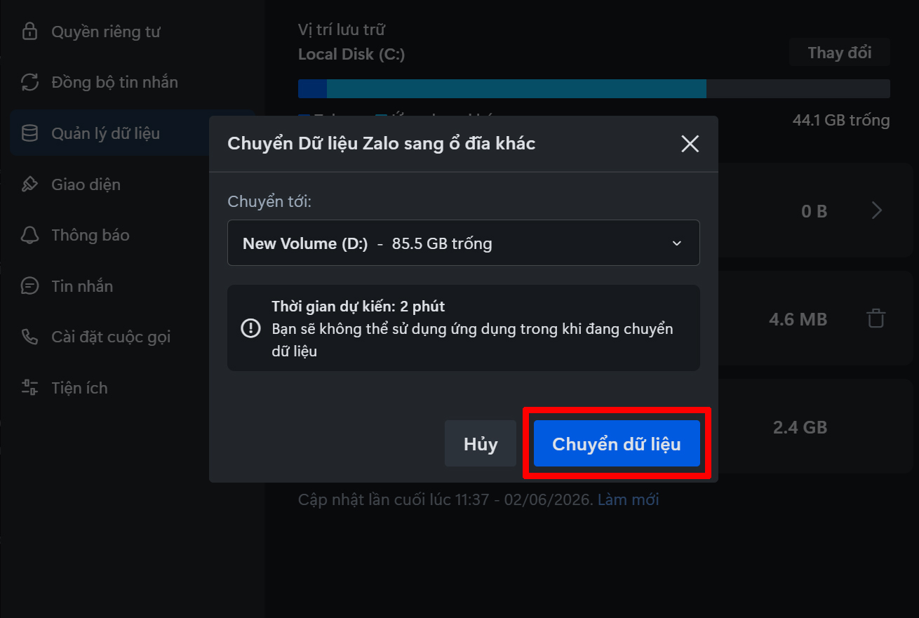 Cách chuyển dữ liệu Zalo từ ổ C sang ổ D