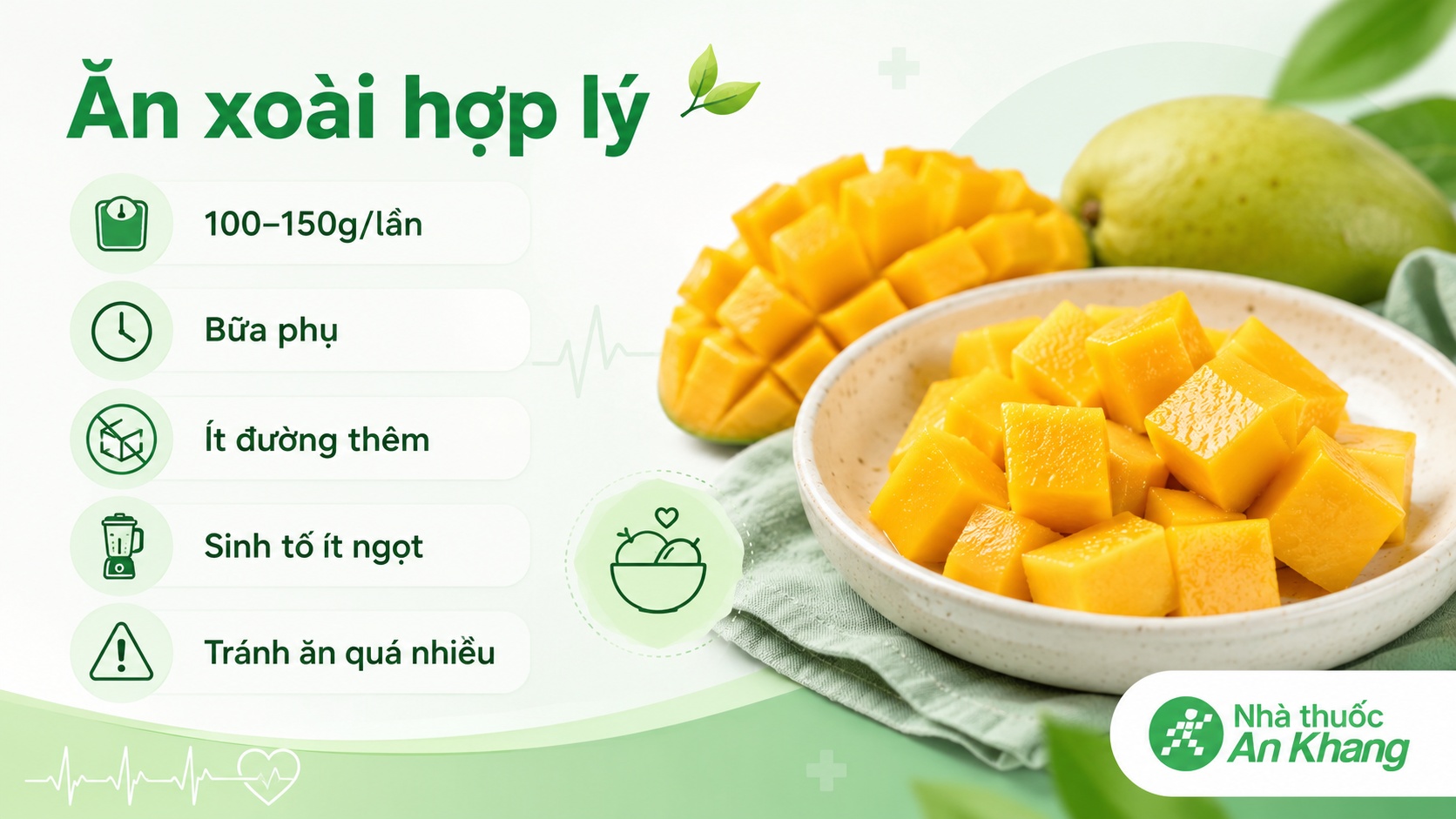 Nên ăn xoài khoảng 100 - 150g mỗi lần, ưu tiên xoài tươi và hạn chế thêm đường, sữa đặc, siro hoặc topping nhiều calo Nên ăn xoài khoảng 100 - 150g mỗi lần, ưu tiên xoài tươi và hạn chế thêm đường, sữa đặc, siro hoặc topping nhiều calo