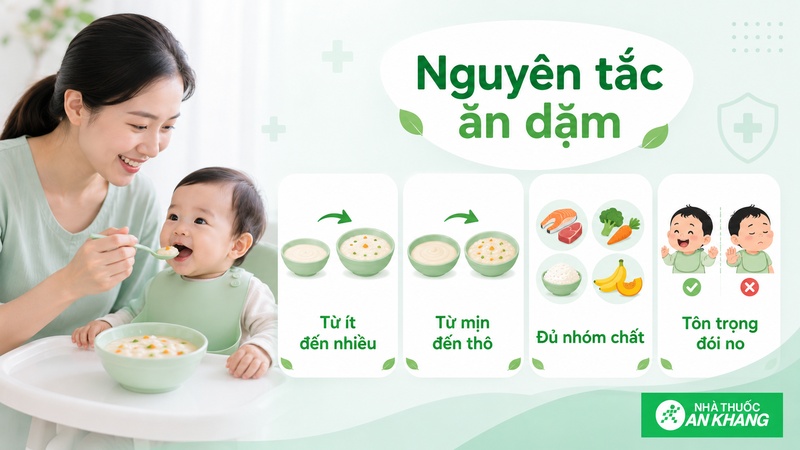 Nên cho bé ăn từ ít đến nhiều, từ loãng đến đặc và đủ nhóm chất Nên cho bé ăn từ ít đến nhiều, từ loãng đến đặc và đủ nhóm chất