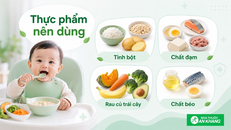 Bữa ăn dặm nên có tinh bột, đạm, chất béo, rau củ và trái cây Bữa ăn dặm nên có tinh bột, đạm, chất béo, rau củ và trái cây