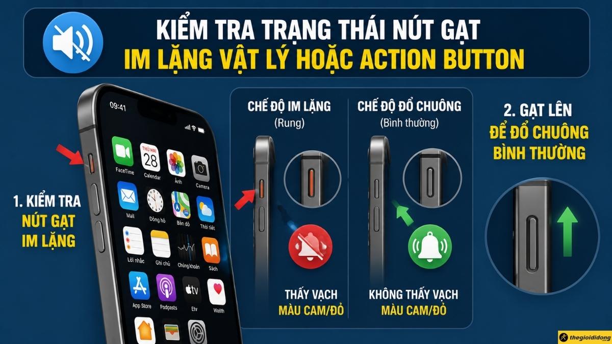 Kiểm tra trạng thái nút gạt im lặng vật lý hoặc Action Button Kiểm tra trạng thái nút gạt im lặng vật lý hoặc Action Button