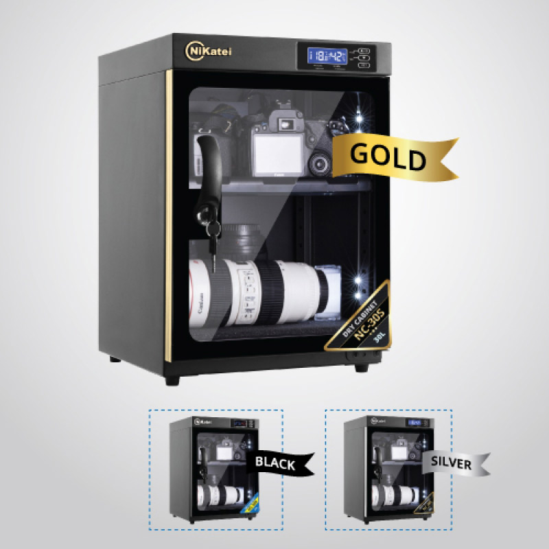 Nikatei NC-30S dung tích 30 lít phù hợp người dùng muốn theo dõi độ ẩm trực quan và bảo quản bộ máy ảnh cá nhân gọn gàng