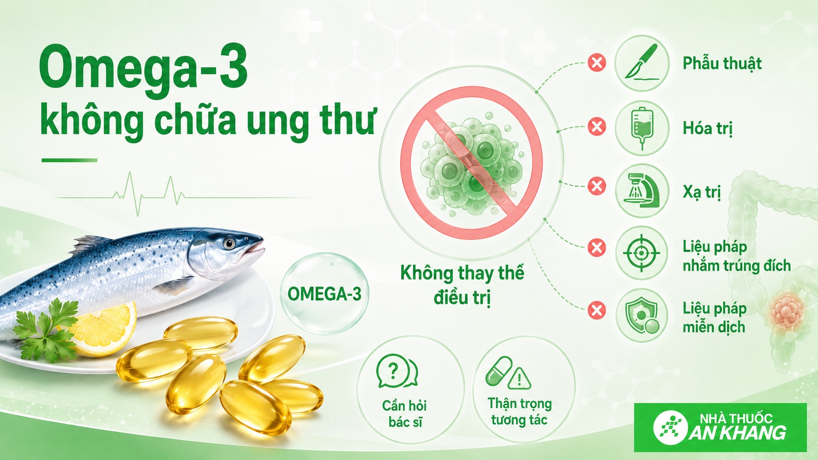 Omega-3 không phải thuốc điều trị ung thư và không nên dùng thay thế phẫu thuật, hóa trị, xạ trị hoặc phác đồ của bác sĩ. Omega-3 không phải thuốc điều trị ung thư và không nên dùng thay thế phẫu thuật, hóa trị, xạ trị hoặc phác đồ của bác sĩ.