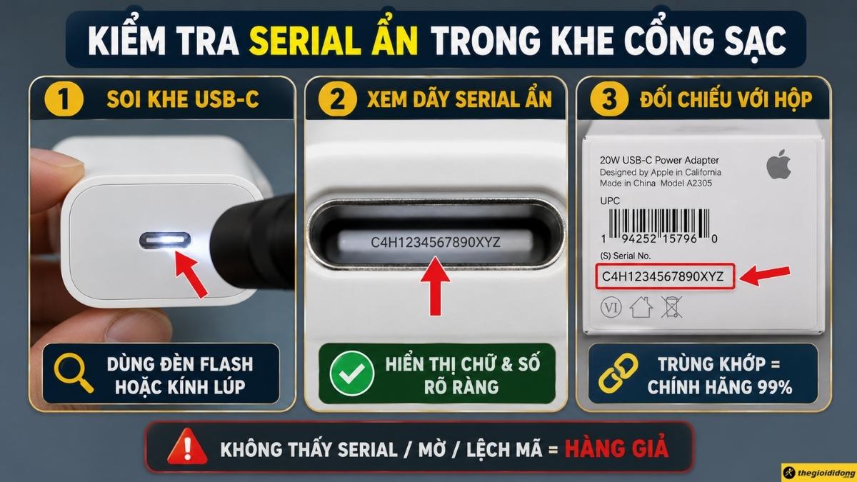 Kiểm tra dãy ký tự số Serial ẩn trong khe cổng sạc Kiểm tra dãy ký tự số Serial ẩn trong khe cổng sạc