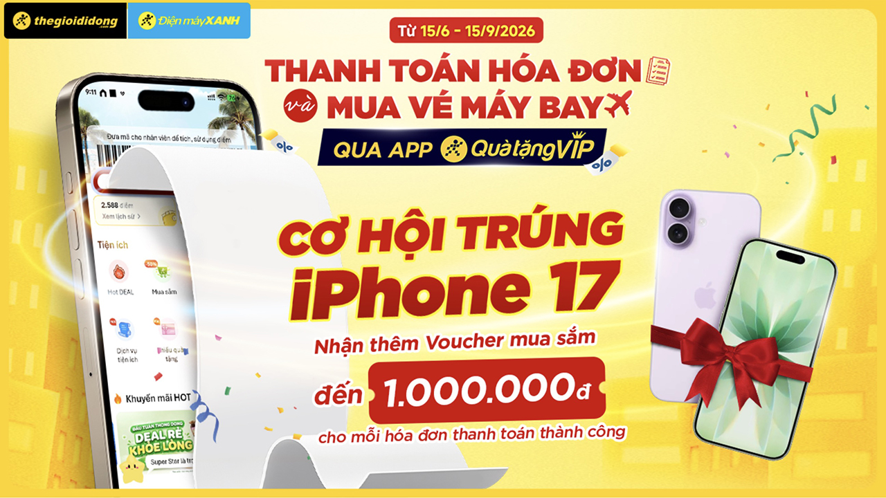 Cơ hội trúng iPhone 17 khi tham gia mua vé máy bay và thanh toán hoá đơn điện, nước, tài chính, bảo hiểm, internet,... trên QTV