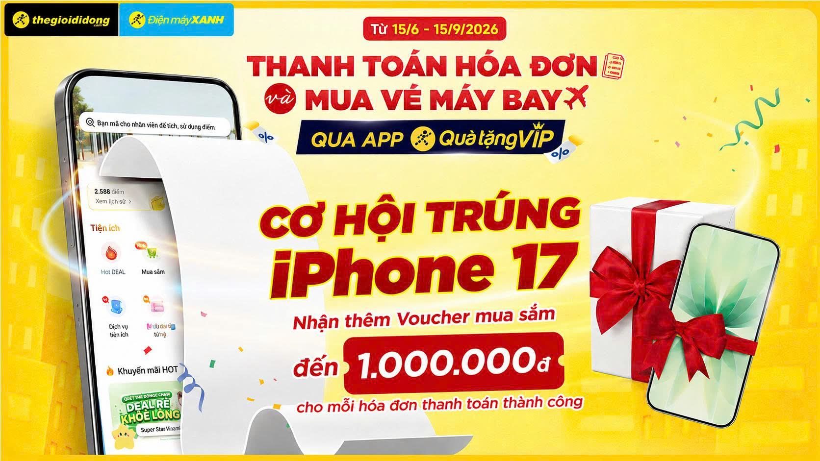 Cơ hội trúng iPhone 17 khi tham gia mua vé máy bay và thanh toán hoá đơn điện, nước, tài chính, bảo hiểm, internet,... trên QTV Cơ hội trúng iPhone 17 khi tham gia mua vé máy bay và thanh toán hoá đơn điện, nước, tài chính, bảo hiểm, internet,... trên QTV