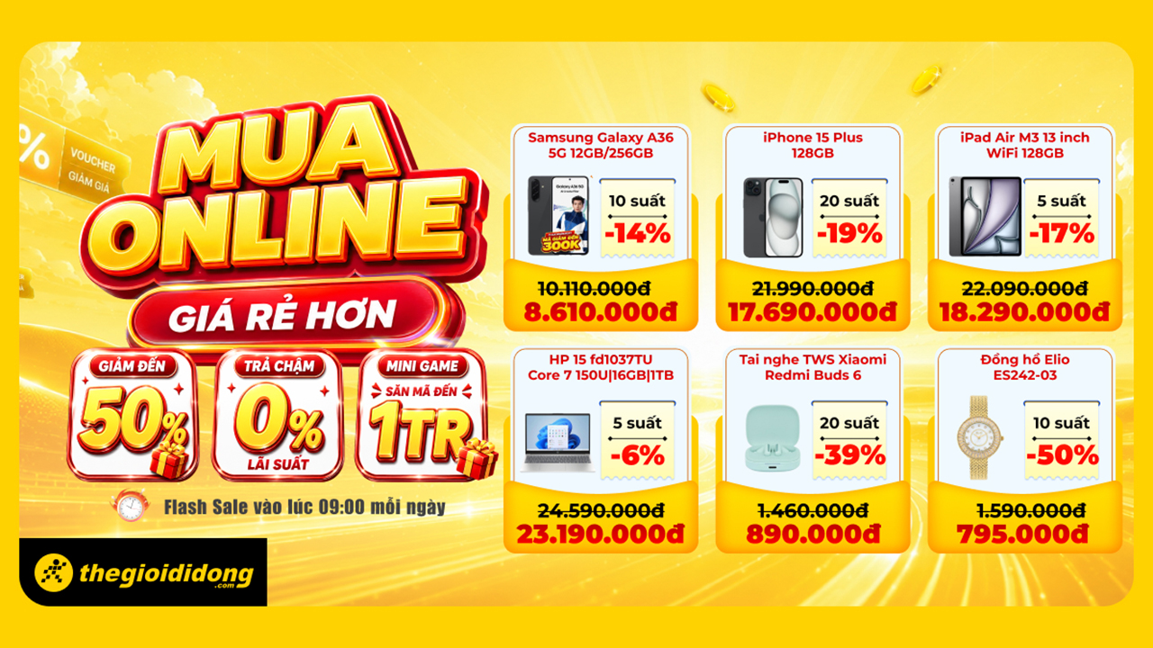Mua online giá rẻ hơn tại TGDĐ: iPhone, Samsung, OPPO giảm đến 26%, quay số trúng voucher đến 1 triệu
