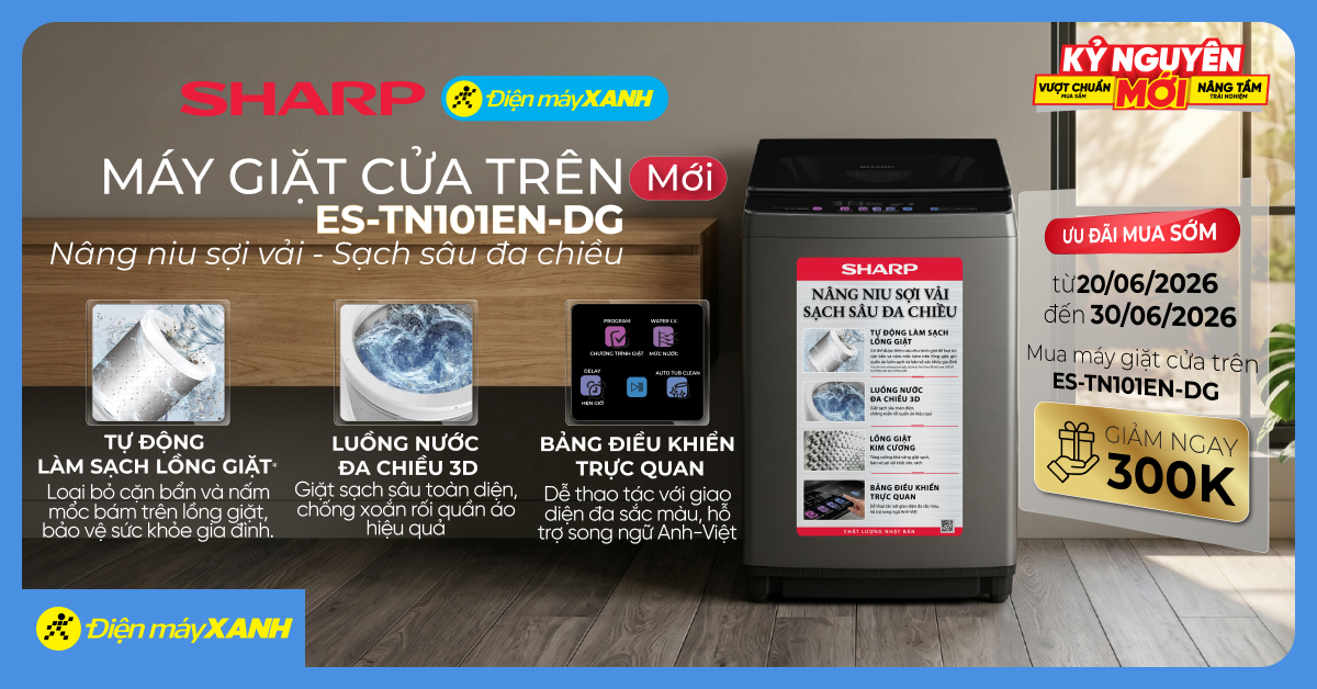 M&aacute;y giặt Sharp ES-TN101EN-DG mới ra mắt, mua sớm giảm th&ecirc;m 300.000đ
