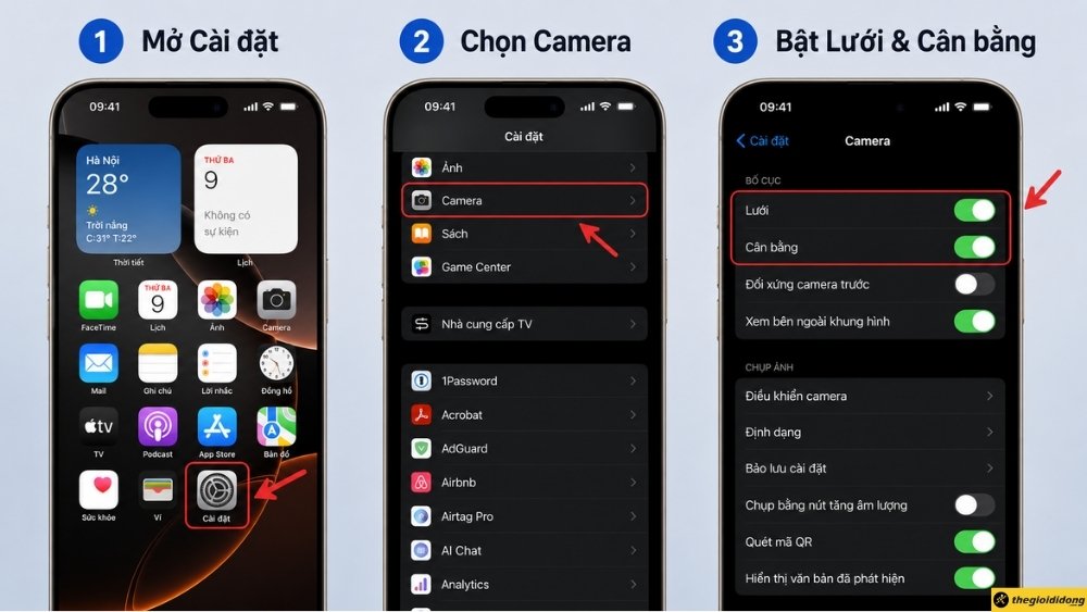 Bật t&iacute;nh năng Lưới v&agrave; C&acirc;n bằng 