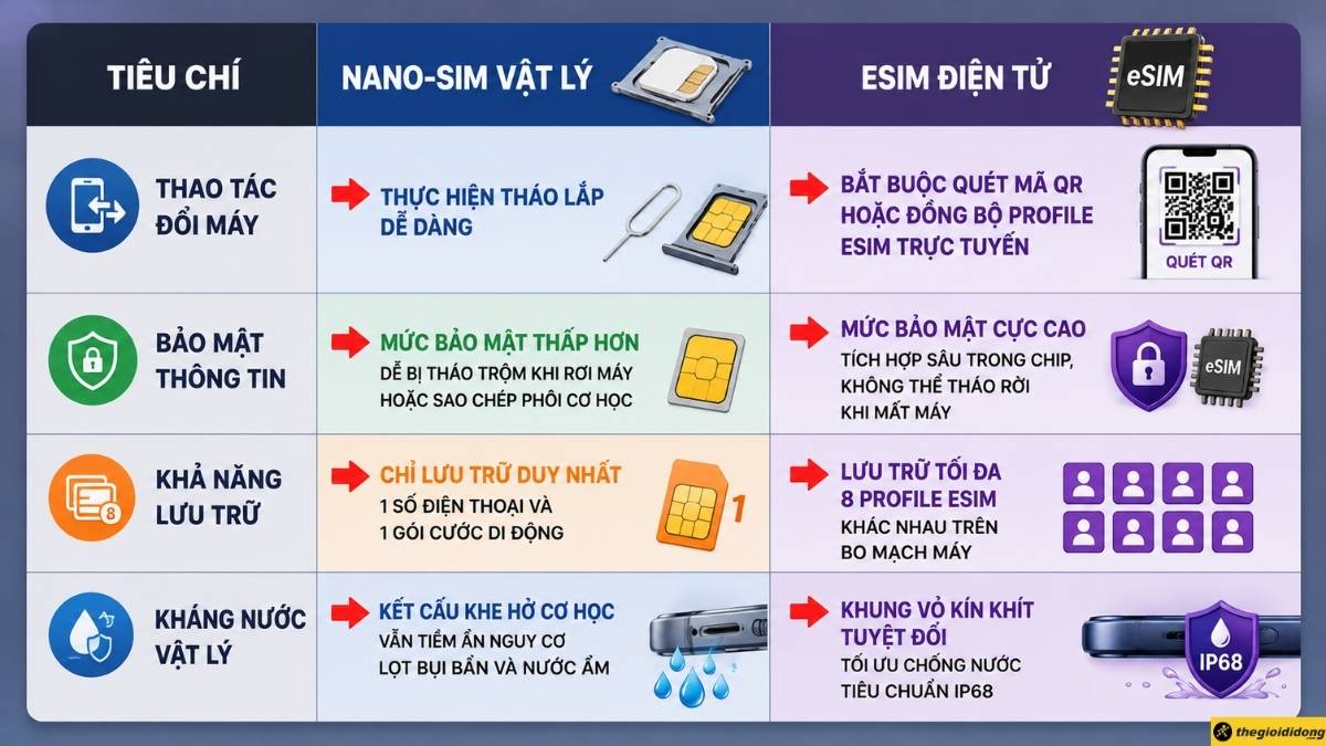 So s&aacute;nh c&ocirc;ng nghệ Nano-SIM v&agrave; c&ocirc;ng nghệ eSIM