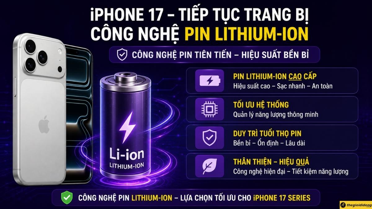 iPhone 17 Series tiếp tục được trang bị c&ocirc;ng nghệ pin Lithium-ion