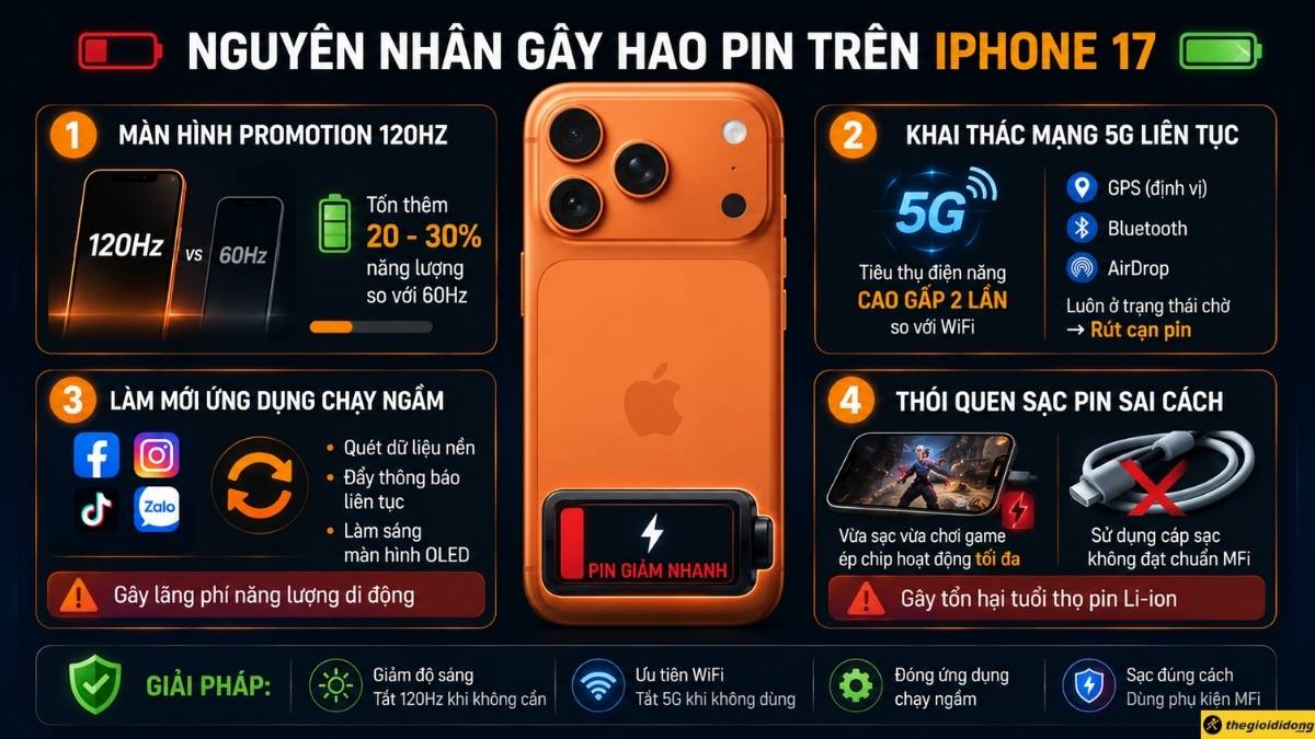 Nguyên nhân gây hao pin trên iPhone 17 Nguyên nhân gây hao pin trên iPhone 17