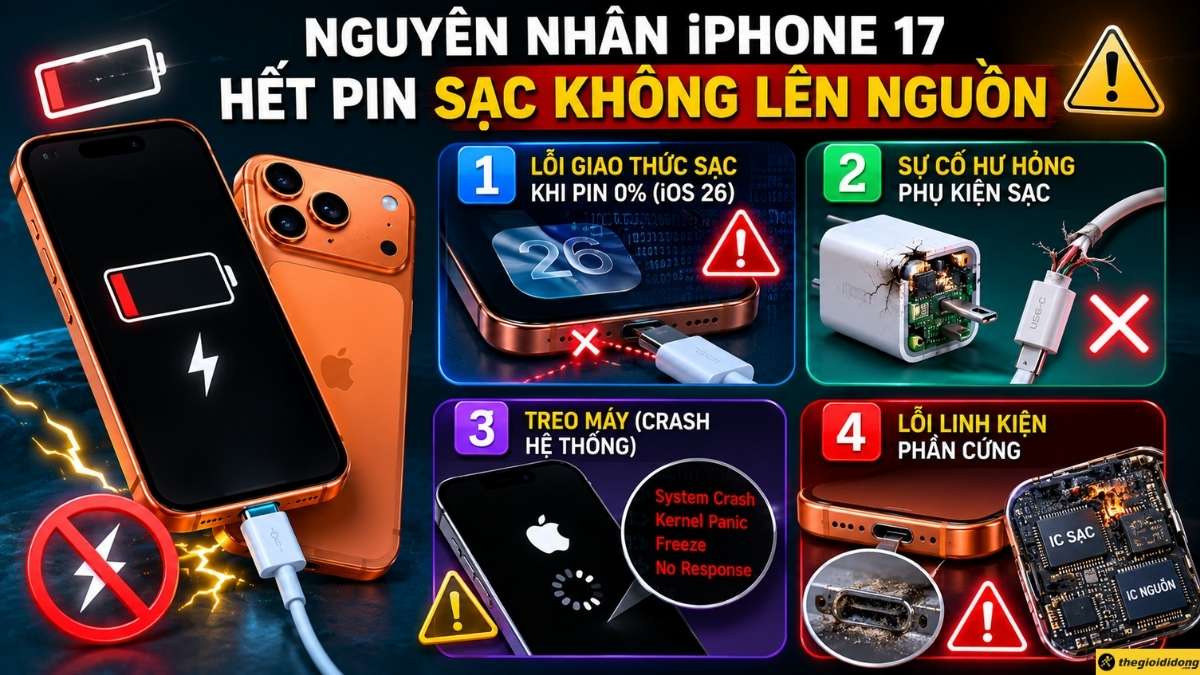 Nguyên nhân iPhone 17 hết pin sạc không lên nguồn Nguyên nhân iPhone 17 hết pin sạc không lên nguồn