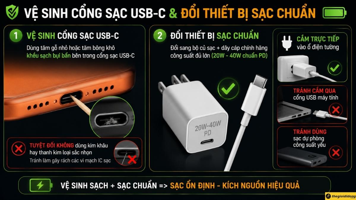 Vệ sinh cổng sạc USB-C và đổi thiết bị sạc chuẩn Vệ sinh cổng sạc USB-C và đổi thiết bị sạc chuẩn