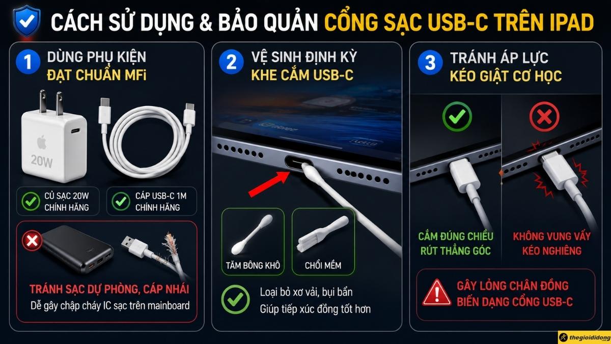 C&aacute;ch sử dụng v&agrave; bảo quản cổng sạc USB-C tr&ecirc;n iPad