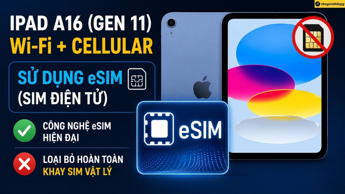iPad A16 (Gen 11) Wi-Fi + Cellular sử dụng c&ocirc;ng nghệ eSIM