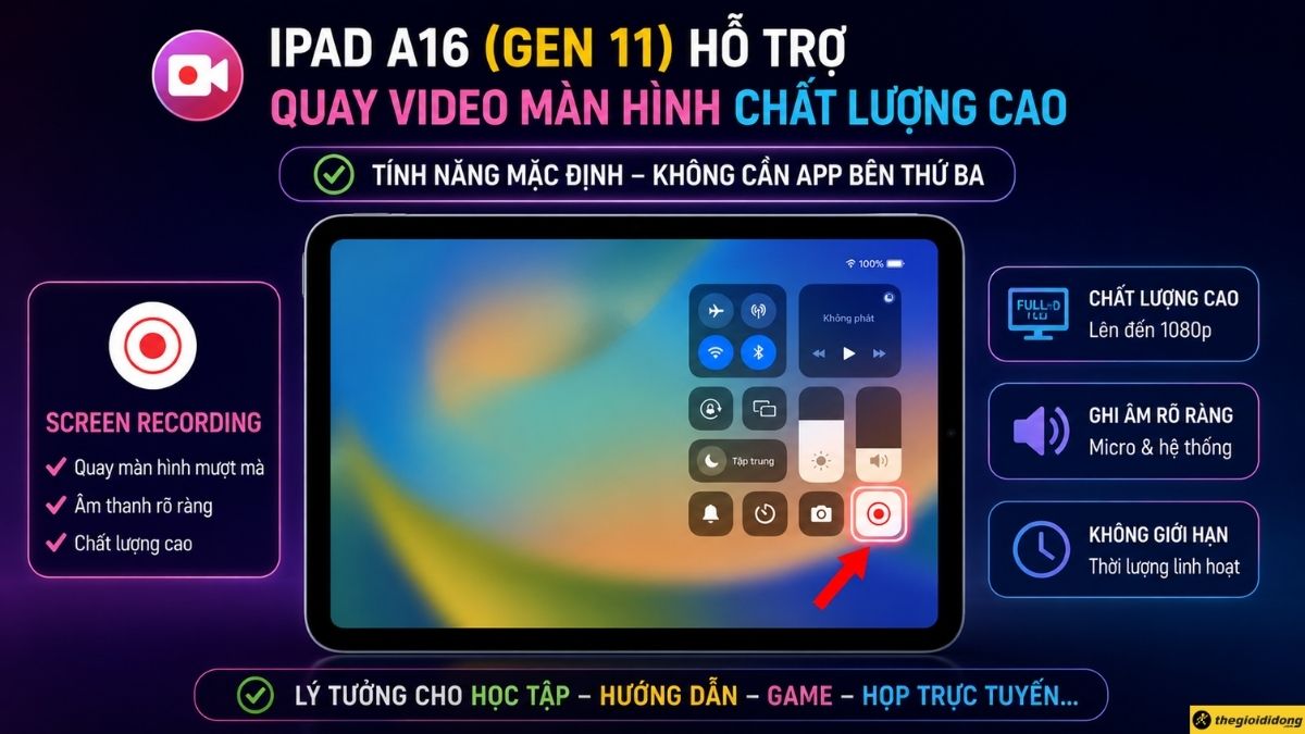 iPad A16 (Gen 11) c&oacute; hỗ trợ t&iacute;nh năng quay video m&agrave;n h&igrave;nh