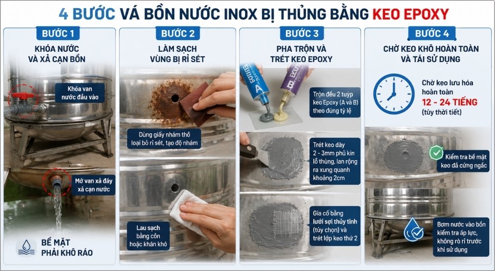 Quy trình 4 bước tự vá bồn nước inox bị rỉ sét rò rỉ tại nhà