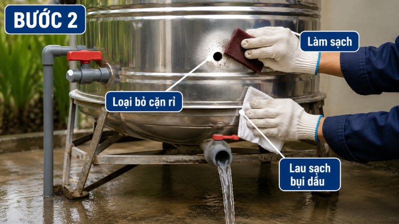 Loại bỏ cặn rỉ, bụi bẩn và dầu mỡ để bề mặt inox sạch, tăng độ bám dính lâu bền Loại bỏ cặn rỉ, bụi bẩn và dầu mỡ để bề mặt inox sạch, tăng độ bám dính lâu bền