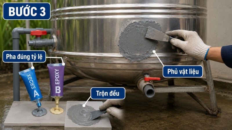 Pha vật liệu đúng tỷ lệ, trộn đều rồi phủ kín vùng thủng theo hướng dẫn sử dụng Pha vật liệu đúng tỷ lệ, trộn đều rồi phủ kín vùng thủng theo hướng dẫn sử dụng