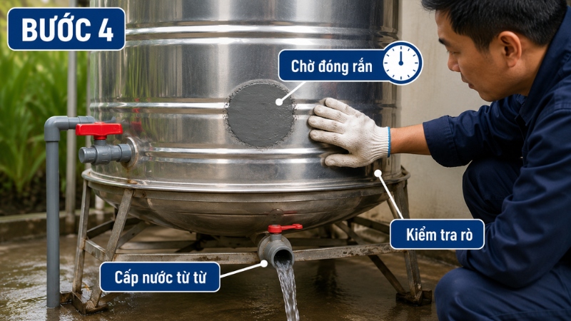 Chờ keo đóng rắn hoàn toàn, cấp nước từ từ, rồi quan sát kỹ khu vực được vá kín Chờ keo đóng rắn hoàn toàn, cấp nước từ từ, rồi quan sát kỹ khu vực được vá kín