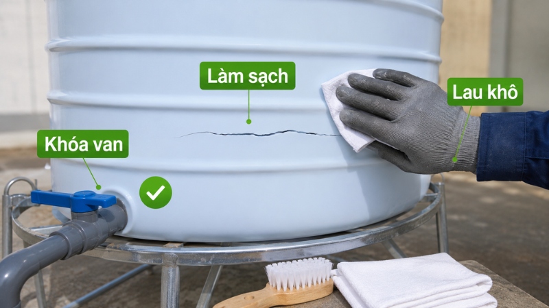 Xả nước, làm sạch và lau khô hoàn toàn khu vực cần hàn
