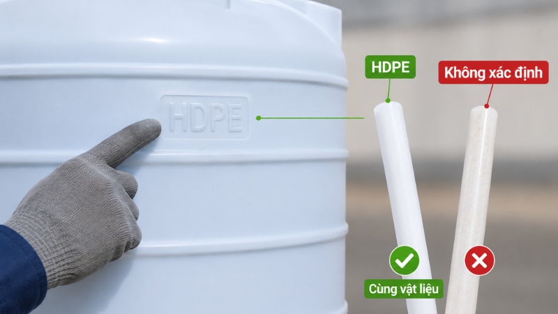 Đối chiếu ký hiệu trên bồn và chọn thanh nhựa mồi cùng vật liệu