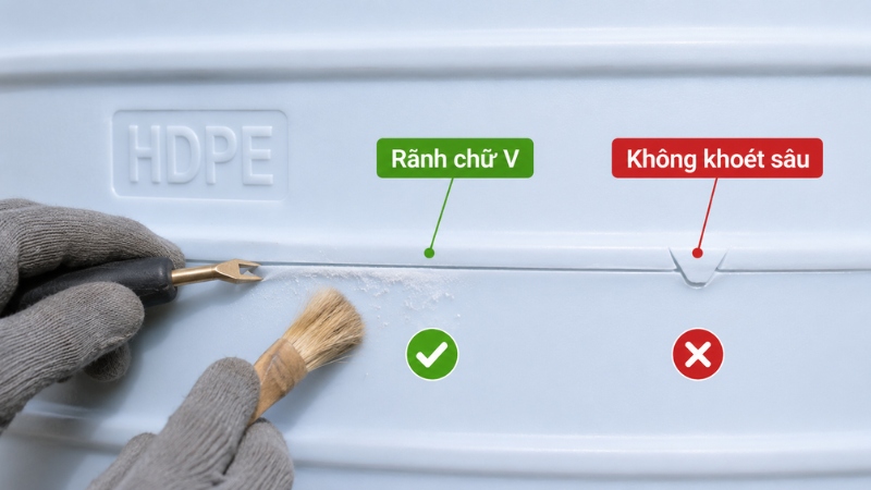 Tạo rãnh chữ V nông và đều để nhựa mồi bám sâu vào vết nứt