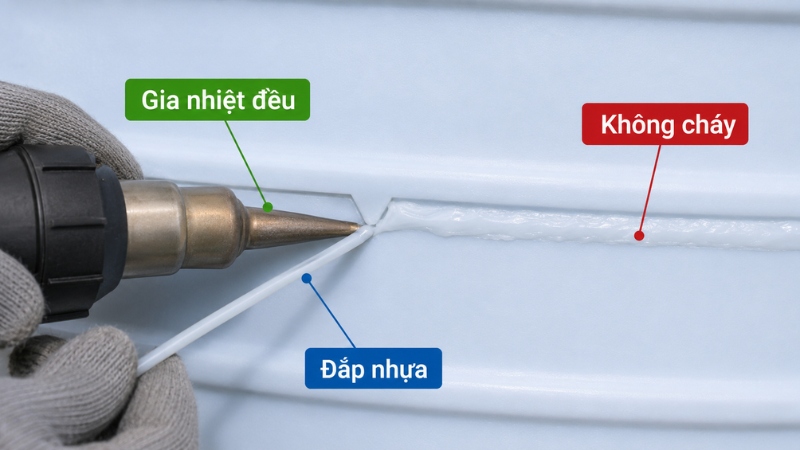 Di chuyển dụng cụ đều tay để nhựa mồi hòa vào hai mép rãnh