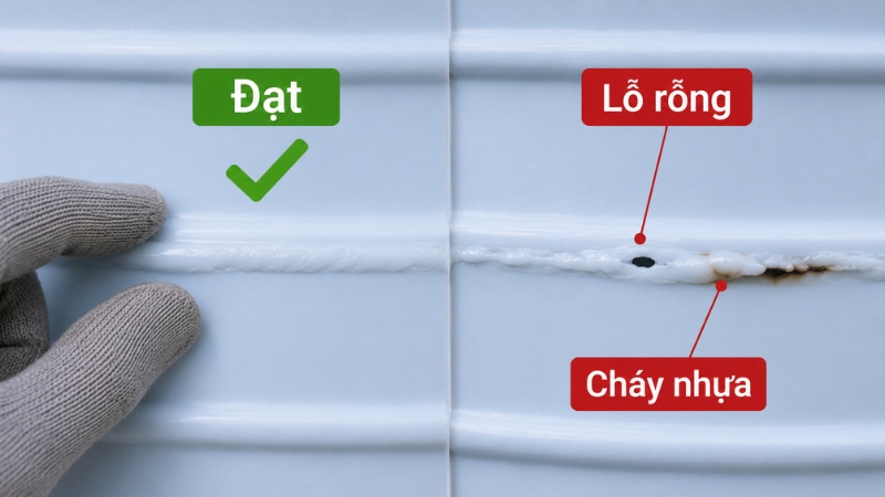 Chỉ thử nước khi đường hàn đã nguội và không còn khe hở hoặc vùng cháy