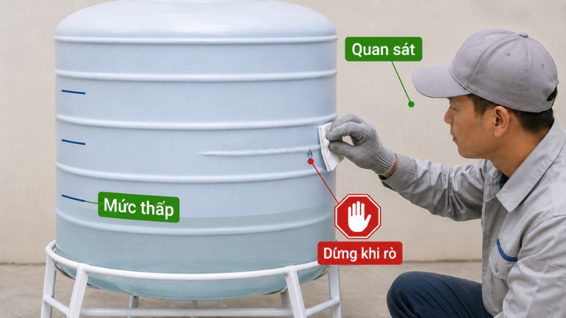 Tăng mực nước từng giai đoạn và dừng ngay khi phát hiện dấu hiệu rò rỉ